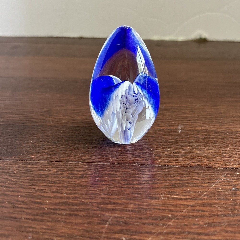 Glass Eye Studio Art Glass Egg Paperweight Cobalt Blue Swirl Signed 98